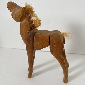 Vintage Wood Horse Figurine Unisex 9" Brown Hand Carved Folk Art Faux Hair
